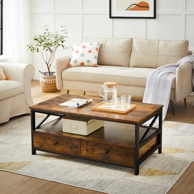 LEOBERT Salontafel – Industriële Stijl – Rustiek Bruin – Met Stalen Frame, 2 Lades en Legplank – Voor Woonkamer, Slaapkamer of Kantoor – 100x55x47 cm – Robuust en Praktisch Ontwerp Rustiek bruin / Zwart