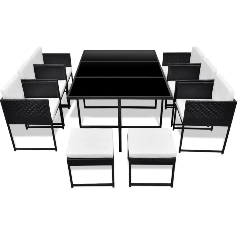vidaXL 11-delige Tuinset met kussens poly rattan zwart