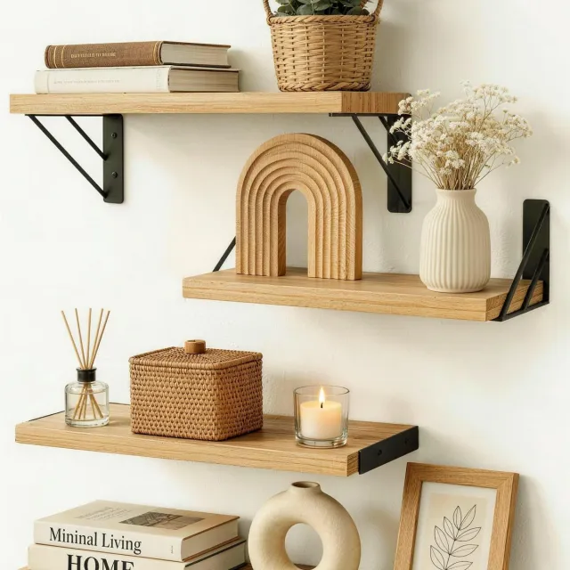 Mrilary Zwevende wandplank - set van 4 - houten zwevende plank met metalen beugels -industrieel wandrek - muur planken voor woonkamer, badkamer, keuken, slaapkamer 4 stuks