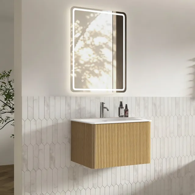 MODENUIT Badmeubelset - Wasmeubel Met Ledspiegel - Wandmontage Voor Badkamer - Hout - Eikenkleur - 60 Cm