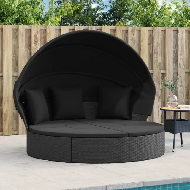 vidaXL Loungebed met luifel en kussens poly rattan zwart, foto 2