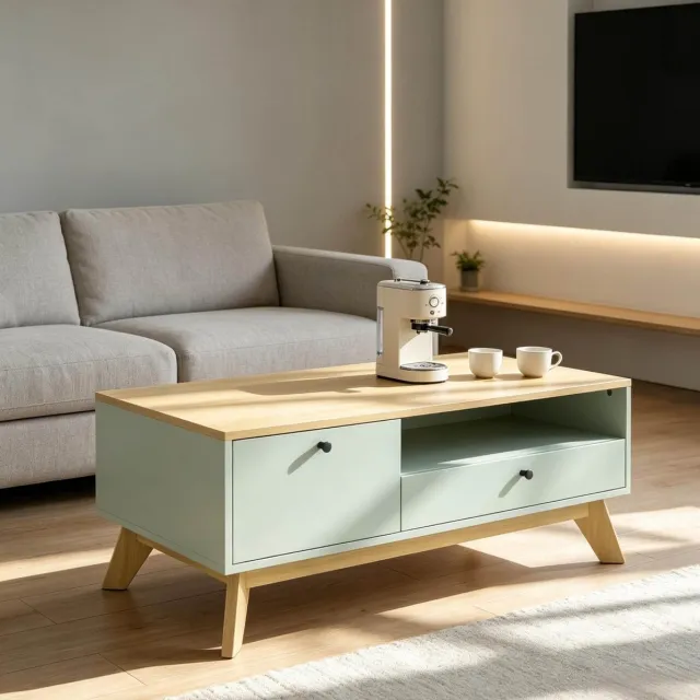MODENUIT Salontafel - Met Lade, Deur En Open Vak - Woonkamer - MDF - Lichtgroen Eikenlook - 100x50x40 Cm Light Green