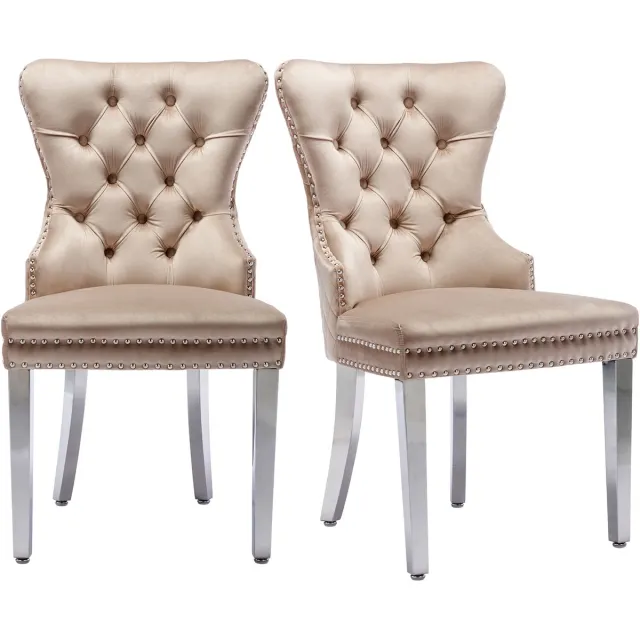 Merax Luxe Eetkamerstoelen Set van 2 - Gestoffeerde Stoelen - Fluwelen Eetkamerstoel - Beige