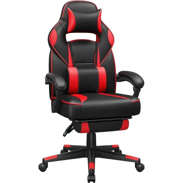 FurnStar Gamingstoel - Bureaustoel Met Voetensteun - Bureaustoel Met Hoofdsteun En Lendenkussen - In Hoogte Verstelbaar - Ergonomisch - 90-135° Kantelhoek - Belastbaar Tot 150 kg - Zwart-Rood