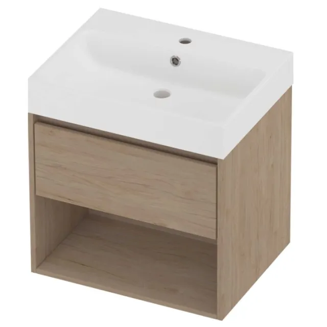 Proline Podium Badmeubelset Polystone Loft 1 Kraangat Met Schap 60x46x62 cm Mat White Ideal Oak Eiken