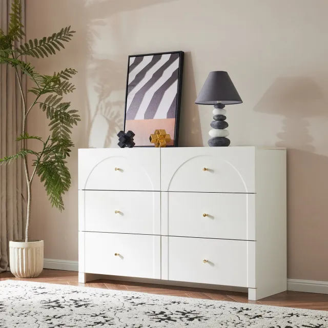 Gutent Ladekast, Wit, met 6 laden, Spaanplaatmateriaal, Witte deuren voor woon- en slaapkamer, afmetingen: H82/B120/D40 cm