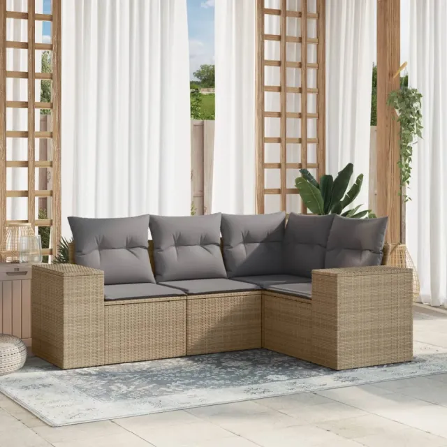 vidaXL 4-delige Loungeset met kussens poly rattan beige, foto 2