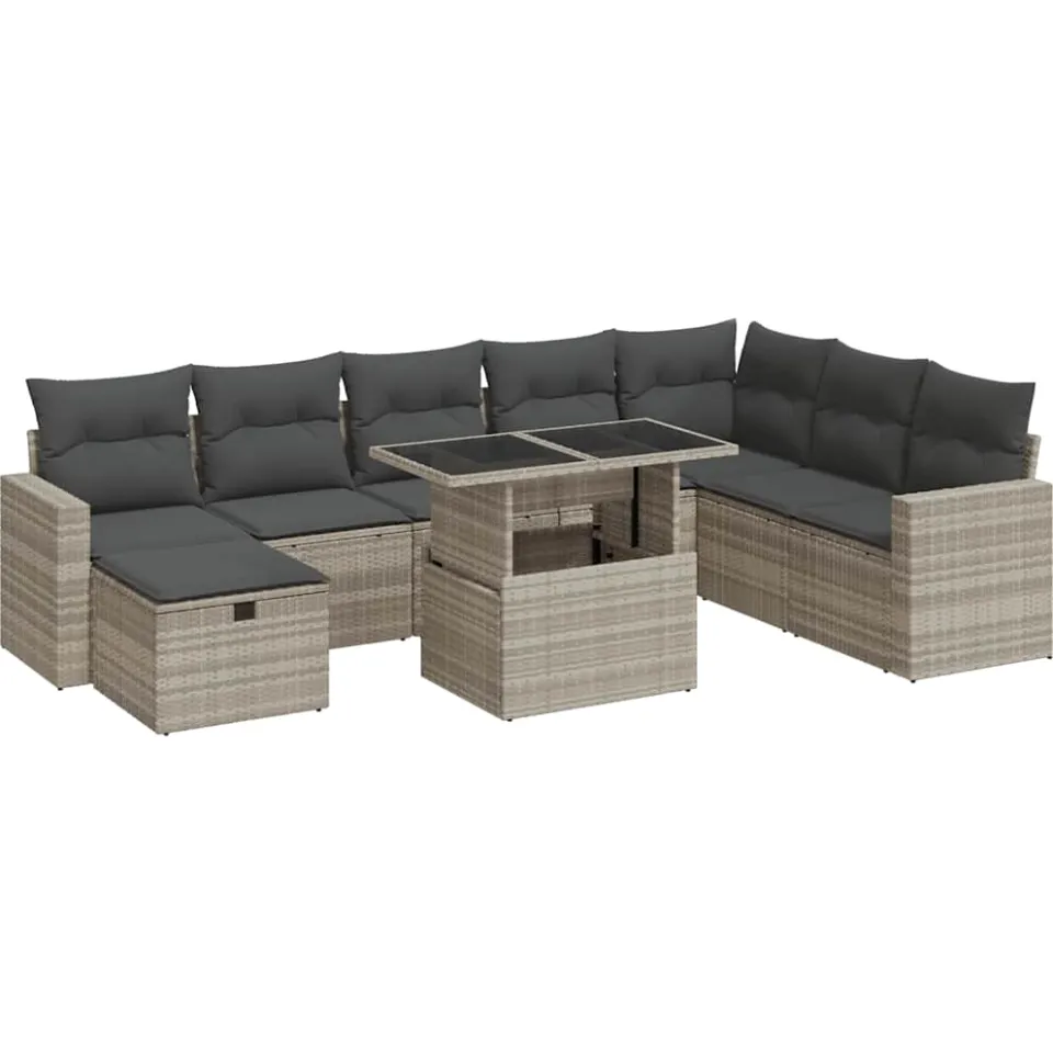 vidaXL 9-delige Loungeset met kussens poly rattan lichtgrijs grijs, foto 3