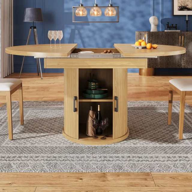 DESMIU Eettafel - Uitschuifbaar Rond Tot Ovaal Met Opbergruimte - Voor Keuken En Eetkamer - MDF In Natuurlijke Houtkleur - 118x118x76,8 Cm Naturel