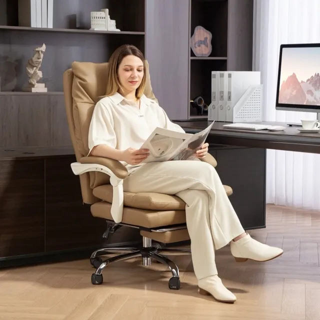 MEUNIQ ergonomische bureaustoel met lendensteun, voetsteun en hoge rugleuning, kantelbaar tot 135°, kunstleer, 65 x 76 x 113-121 cm, bruin