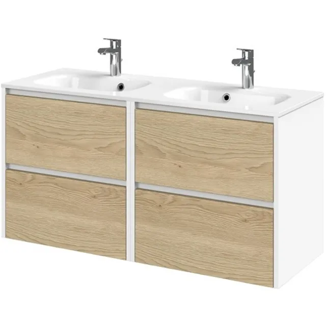 Tiger Reverse Meubelset 120 cm met 4 lades Naturel eik - Mat wit incl Oval wastafel dubbel Hoogglans wit - 800323 Eiken