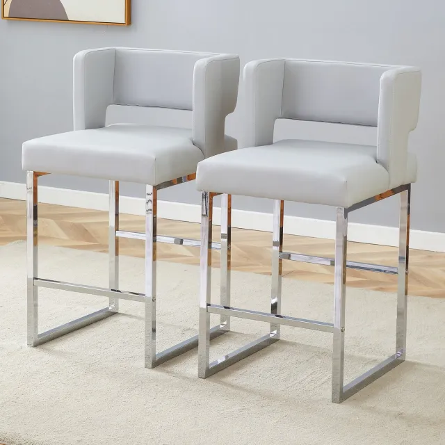 Welltin Eetkamerstoelen - Set Van 2 - Gestoffeerde eetkamerstoel - Eettafelstoel - Eetkamerstoelen - Stoel - PU - Metalen stoelpoten - Vierkant ontwerp - Modern Design - lichtgrijs, zilver