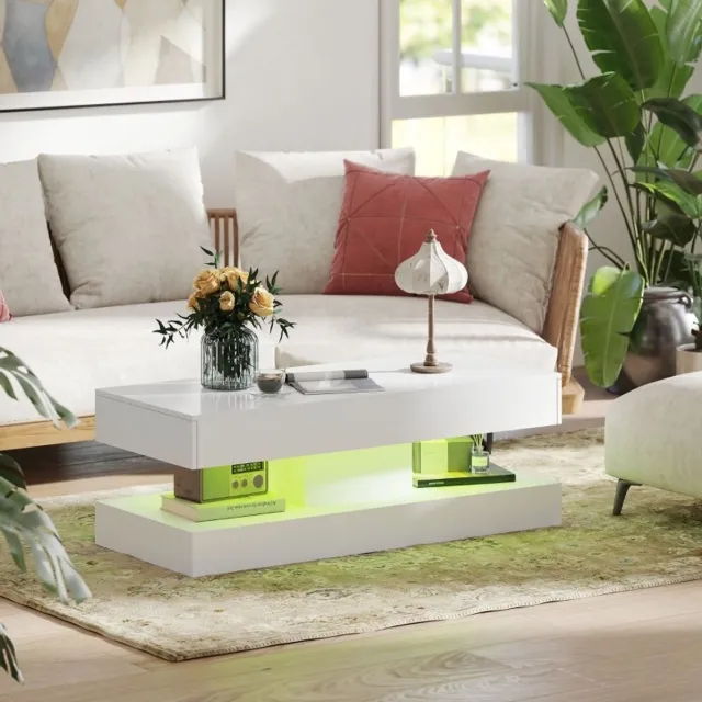 OKWISH Salontafel - 2 Lades - Met Ledverlichting En Open Opbergvak - Moderne Woonkamer Tafel - Hoogglans Wit Spaanplaat - 120 x 50 x 42 cm