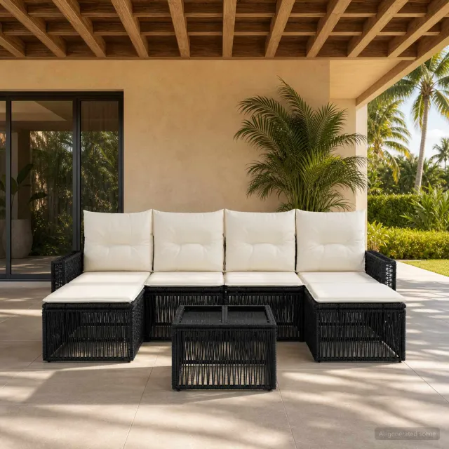 vidaXL Tuinbankenset 7 st 6-zits Zwart en Cream Wit poly rattan, foto 2