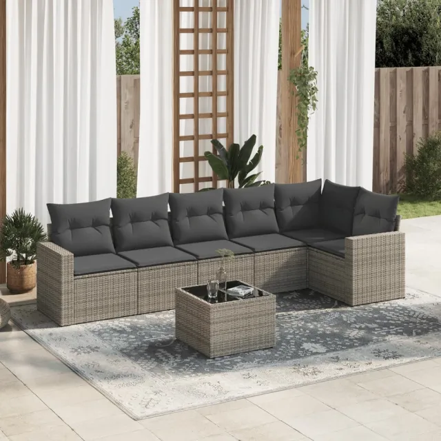 vidaXL 7-delige Loungeset met kussens poly rattan grijs, foto 2