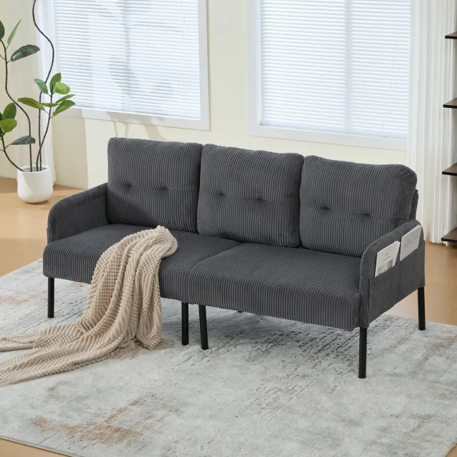 FloraGrace Zitbank 171 Cm - 3-Zits Bank Met Hoge Rugleuning En Zijvakken - Voor Woonkamer, Slaapkamer Of Werkkamer - Cord - Grijs