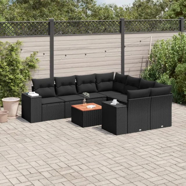 vidaXL 9-delige Loungeset met kussens poly rattan zwart, foto 2