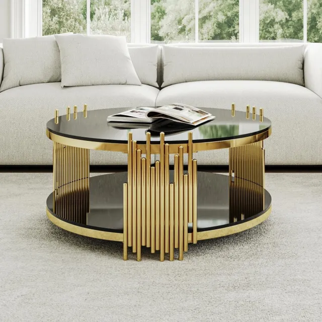 OKWISH Salontafel - Rond Met Dubbel Glasblad En Opbergruimte - Woonkamer - RVS En Gehard Glas Zwart Goud Zwart en Goud