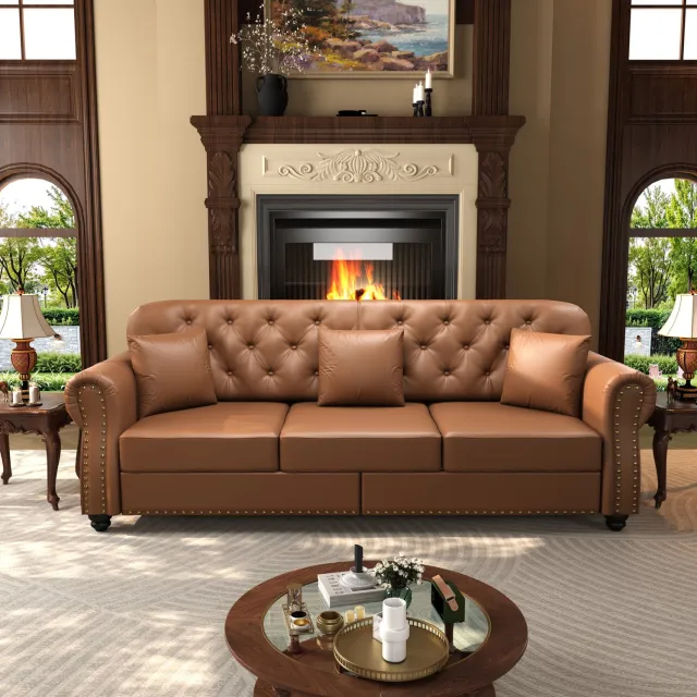 FloraGrace Chesterfield Bank 210 cm - 3 Zitplaatsen met Losse Hocker en Geknoopte Rugleuning - Woonkamer - Kunstleer - Bruin