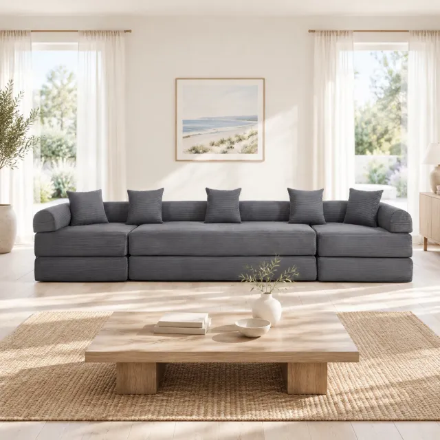 WUVRIE Modulaire hoekbank 270x180 cm - Slaapfunctie en zijvak - Corduroy - Donkergrijs