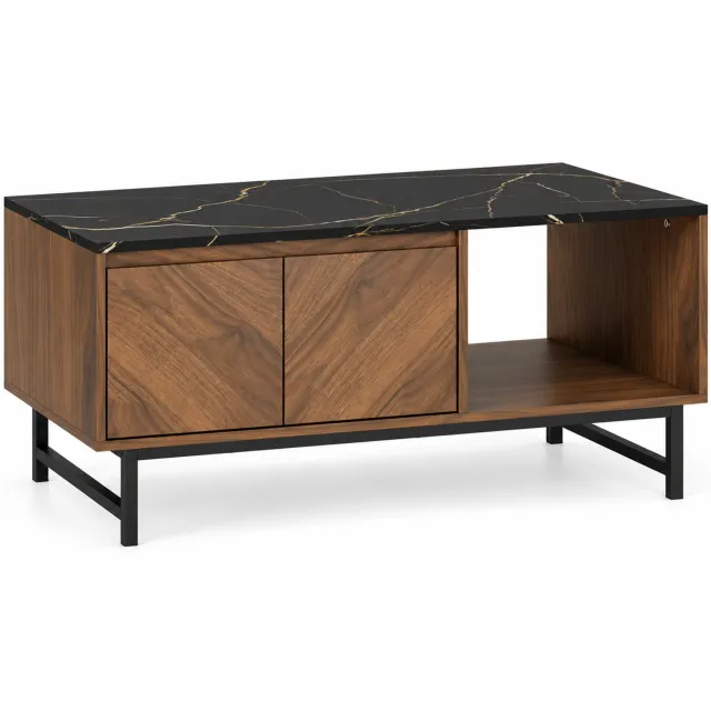 Luxevo Salontafel - Woonkamertafel met Opbergruimte - 2 Deuren en Open Vak - Marmerlook & Walnoot - Metalen Frame - 100 x 45,7 cm