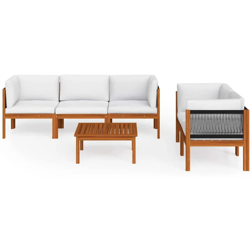 vidaXL 6-delige tuinloungeset met kussens crèmekleurig acaciahout en touw Wit