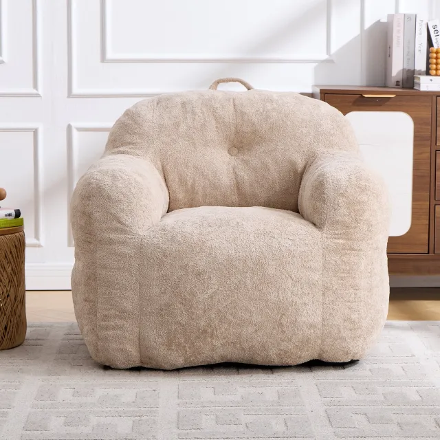 Wishdor Zitzakstoel met rugleuning en armleuningen - Zachte bekleding van imitatiebont - Veerkrachtige schuimvulling - Zonder montage - Woonkamer kinderkamer leeshoek - Beige - 95 x 95 x 79 cm