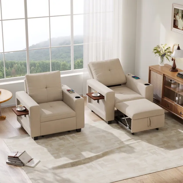 ROSAHQNDA Slaapbank-3-in-1 Bank-Loungesofa-Opklapbaar Bankbed-Met Verborgen Bijzettafel en Bekerhouder-Crème-Wit-Velvet-200 kg Beige