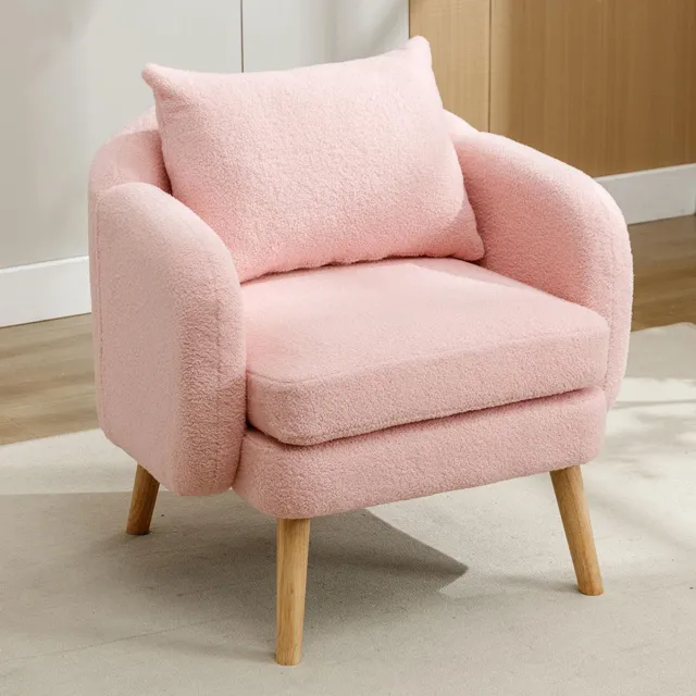 KOMHTOM BLACKCOLORS Moderne, strakke fluwelen fauteuil met kussen, fauteuil met extra dik kussen, individuele bankfauteuil, gestoffeerde fauteuil, relaxfauteuil, voetensteun van massief hout Roze