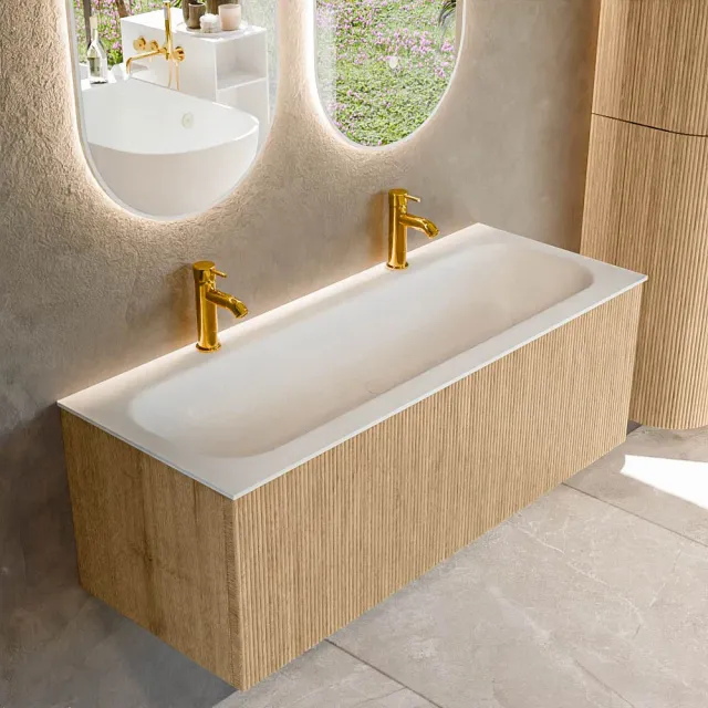 Mondiaz KURVE 120 cm Onderkast Greeploos 1 Lade Zonder Deuren Oak, Wastafel Solid Surface Volledig Talc 2 Kraangaten Zonder Spiegel (KRVBGL1201L0D2KM-Oak/Tal)