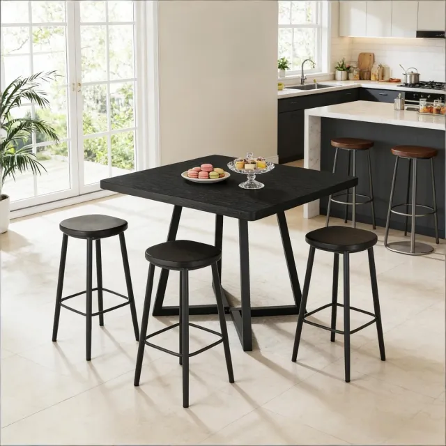 MEUNIQ Vierkante eettafel 80 x 80 x 75 cm industrieel, zwarte tafel met MDF blad en metalen frame, keukentafel voor 2-4 personen, ook voor eetkamer of thuiskantoor