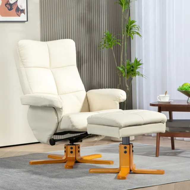 MODENUIT Relaxfauteuil Met Hocker - Rugleuning Tot 145 Graden - Woonkamer - Hout En Kunstleer - Crèmewit Crème wit