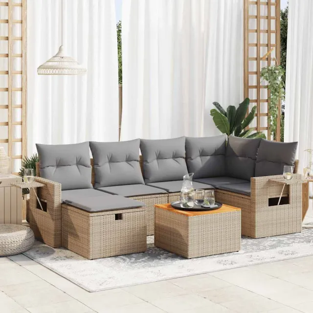 vidaXL 7-delige Loungeset met kussens poly rattan beige, foto 2