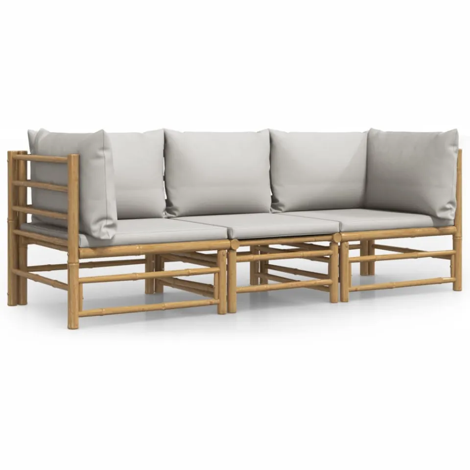 vidaXL 3-delige Loungeset met kussens bamboe lichtgrijs Bruin