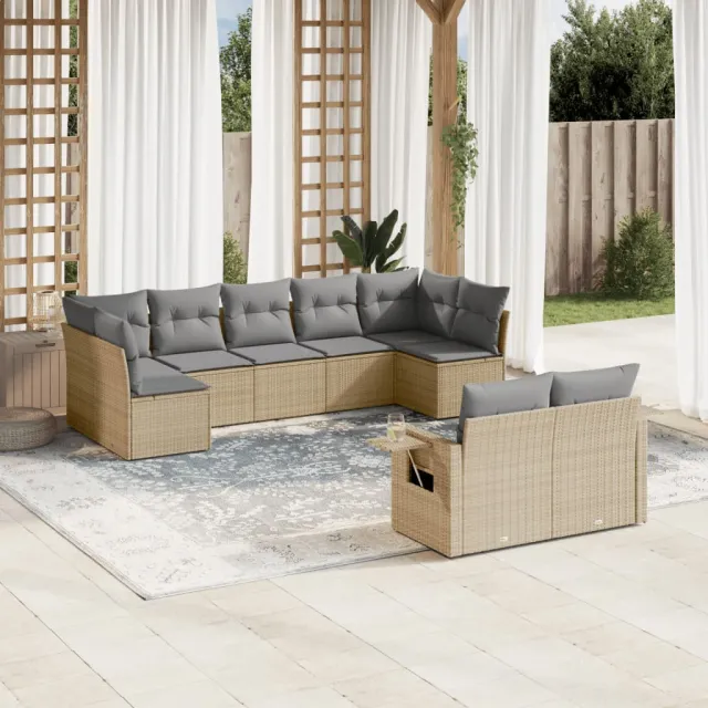 vidaXL 9-delige Loungeset met kussens poly rattan beige, foto 2