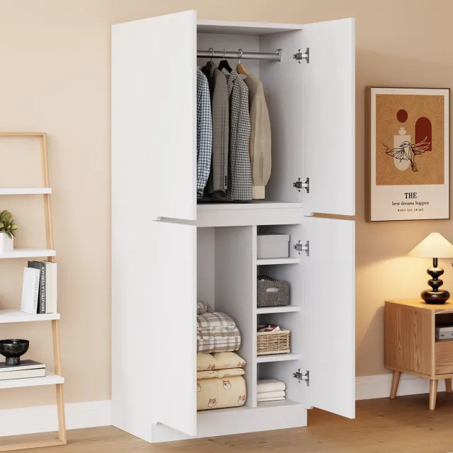 OKWISH Kledingkast – Dubbele Deuren – Indeling Met Hangdeel En Vakken – Slaapkamer Hal – Hout Wit – 70×40×170 Cm