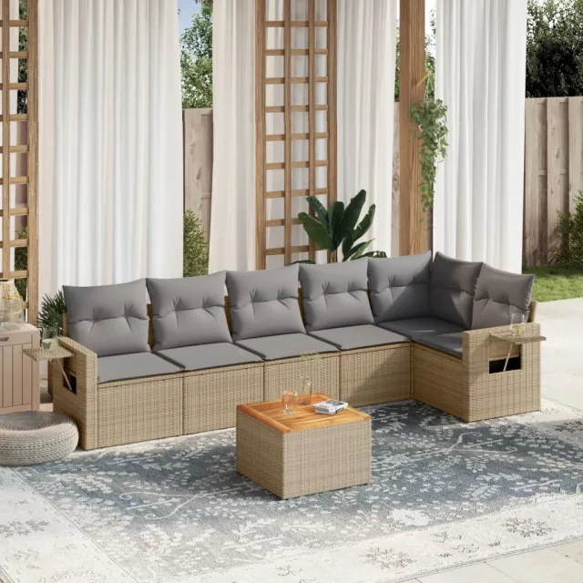 vidaXL 7-delige Loungeset met kussens poly rattan gemengd beige, foto 2