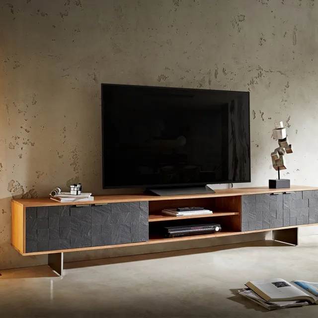 DELIFE TV-meubel Teele Acacia natuurleisteen 240 cm 4 deurs poot zwevend roestvrij staal Bruin