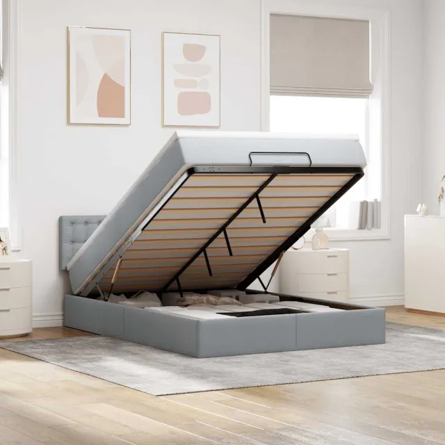 vidaXL Ottoman bed met matras en LED's 140x200cm stof lichtgrijs grijs
