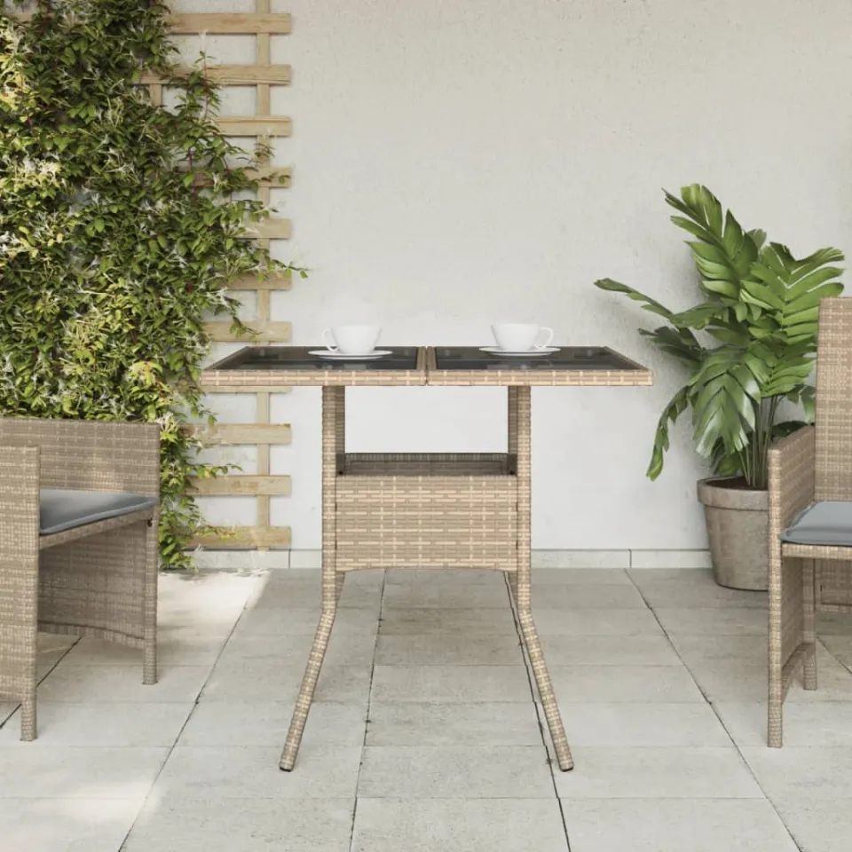vidaXL Tuintafel met glazen blad 80x80x75 cm poly rattan beige, foto 3