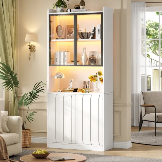 COVREO Vitrinekast 80x35x200 cm wit, spaanplaat en gehard glas, met LED