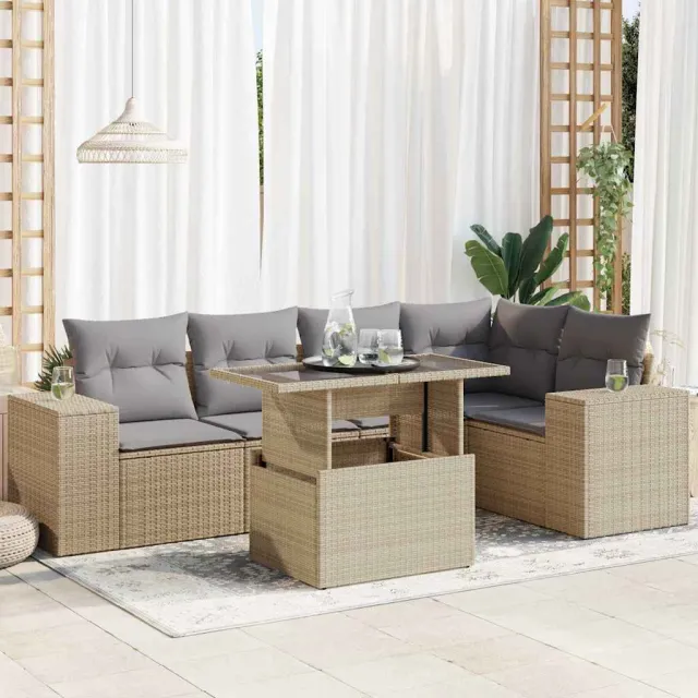 vidaXL 6-delige Loungeset met kussens poly rattan beige, foto 2