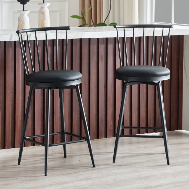 DESMIU Barkruk 96 Cm - Set Van 2 Met Rugleuning En Gewatteerde Zitting - Voor Keukeneiland, Bar En Restaurant - Metaal En Kunstleer - Zwart Black