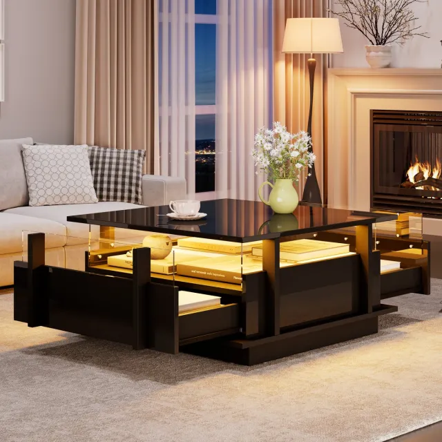 Clruro Salontafel - 70x70x35 cm - Hoogglans Met 2 Lades En LED - Acryl Scheidingswand - MDF - Zwart