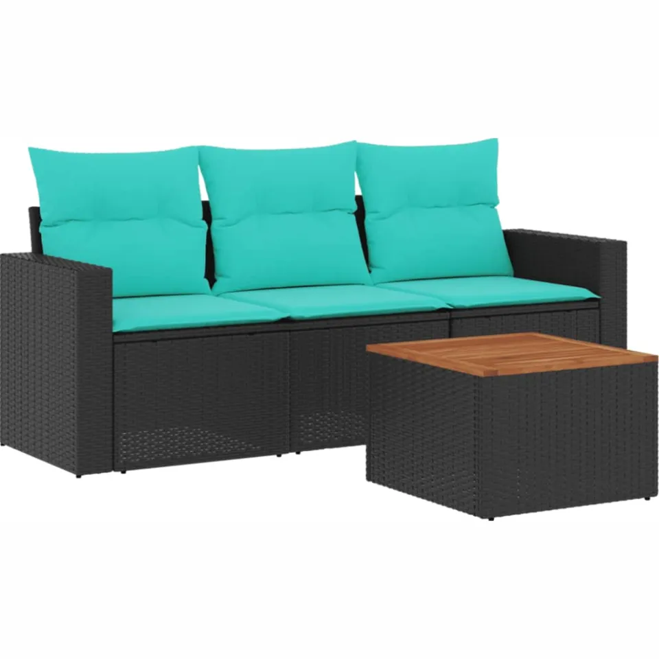 vidaXL 4-delige Loungeset met kussens poly rattan zwart, foto 3