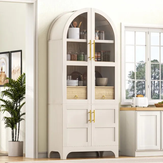 MODFU Keukenkast - Verstelbare Planken En Lade - Geribbeld Glas - MDF - Wit