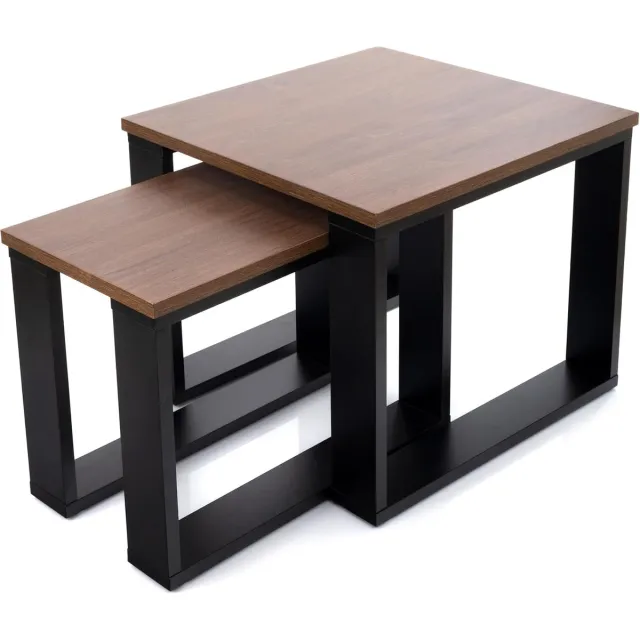 Imperatoris Salontafel Set van 2 - Geschikt voor Woonkamer, Thuiskantoor & Buiten - Stijlvolle Salon Tafel en Sidetable - Zwart Frame - Hout - 50 x 50 x 42 cm Bruin