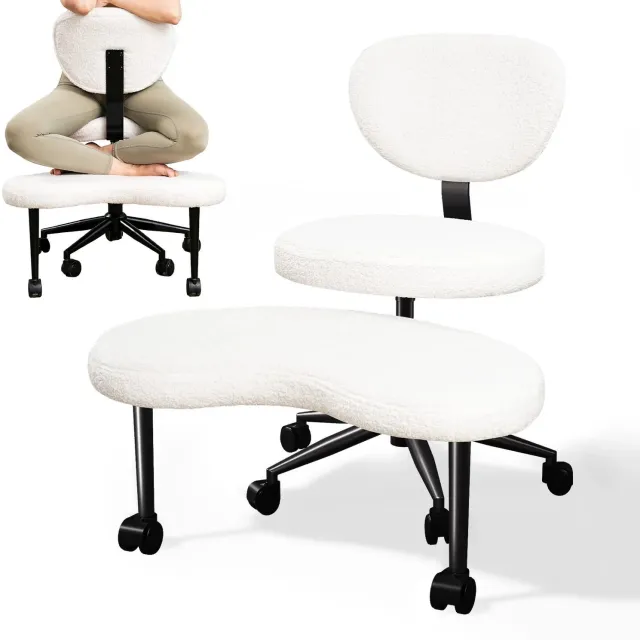Archi Ergonomische Bureaustoel – Stoel - Zitstoel met Voetensteun – 360° Draaibaar – Verstelbare Hoogte – Meditatiestoel – Teddy Stof – Wit