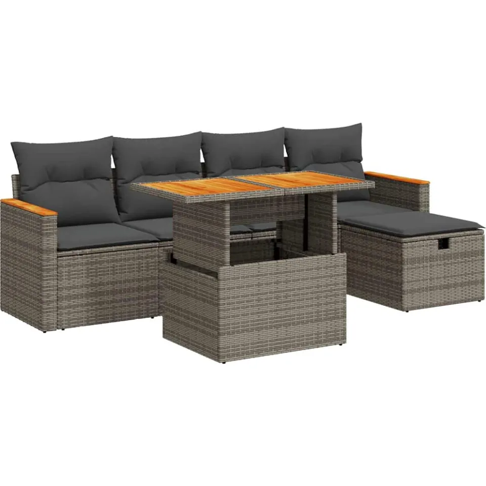 vidaXL 6-delige Loungeset met kussens poly rattan grijs, foto 3