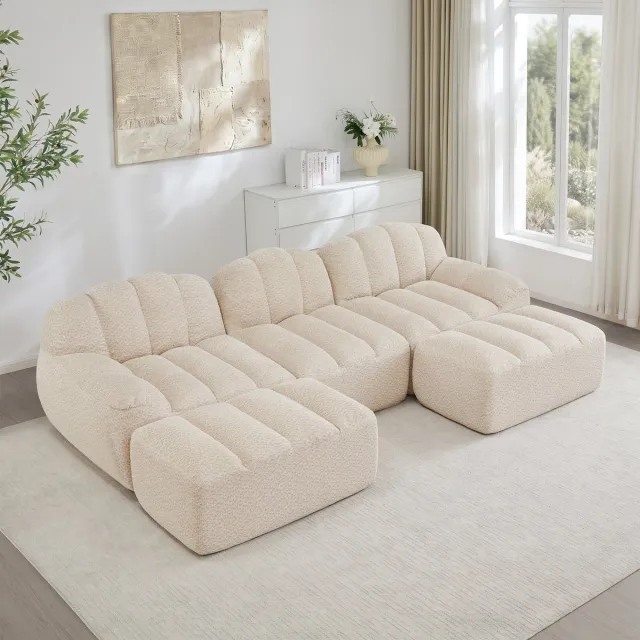 STILVORA Hoekbank 3-Zits - Modulair Met 2 Ottomans En Diepe Zit - Voor Woonkamer En Appartement - Ribstof - Beige Wit
